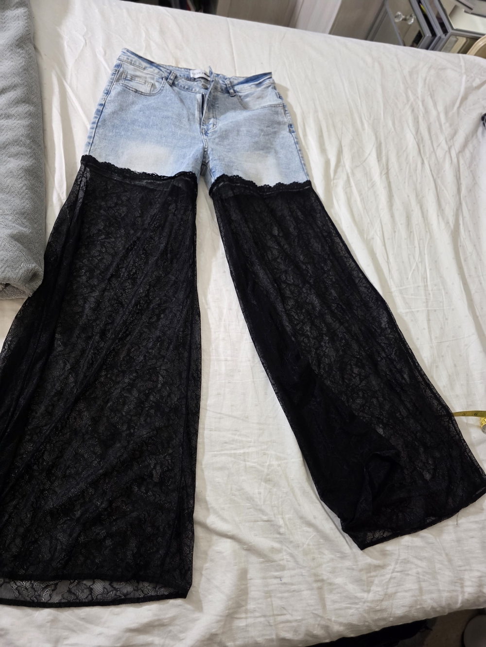 Fashion Nova Light Wash Denim Jeans with Black Lace Wide Leg Panels